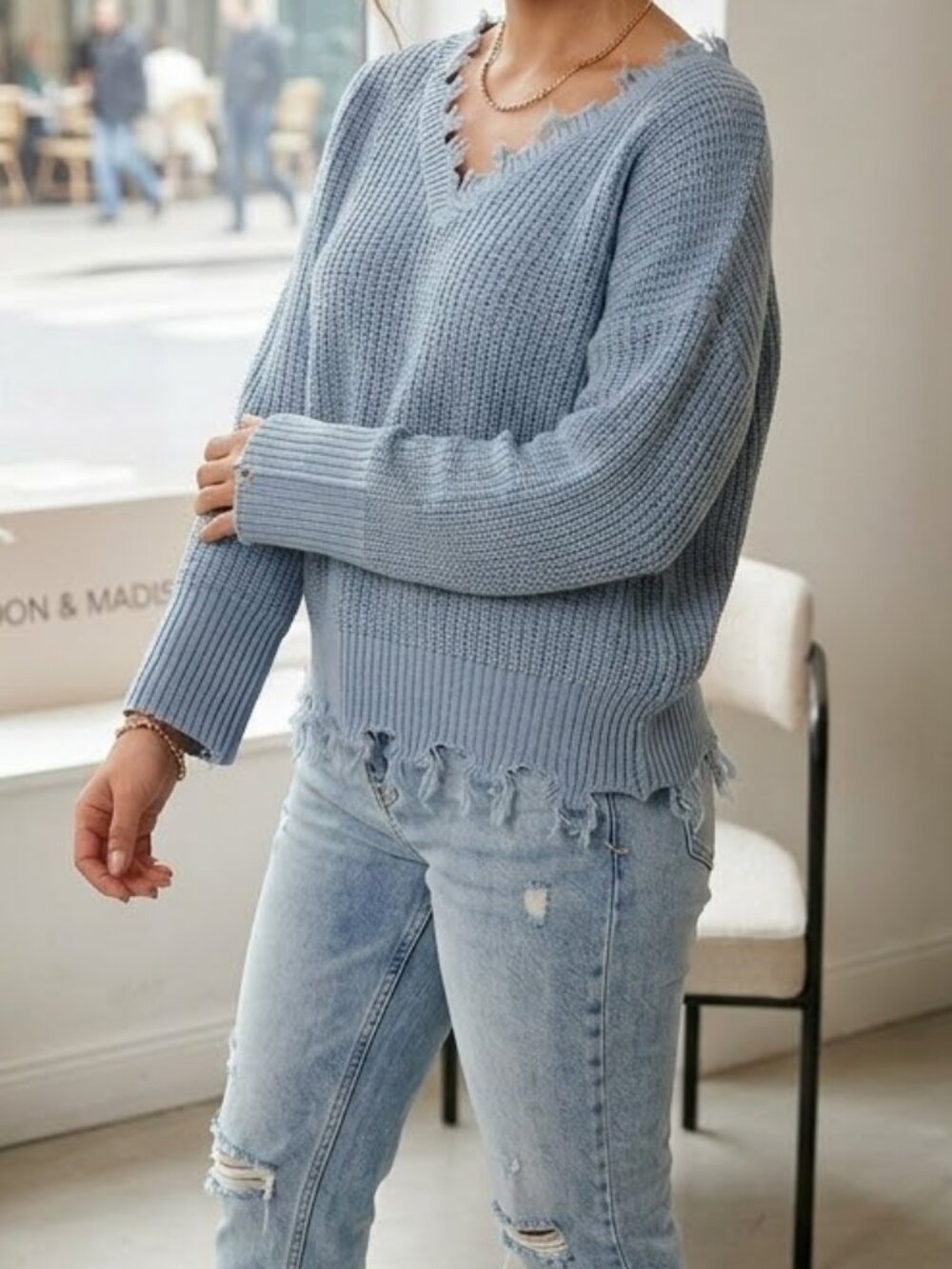 NWT Moon & Madison Woman’s LIght Blue Knit Sweater Cutout Back Fringe Small Boho